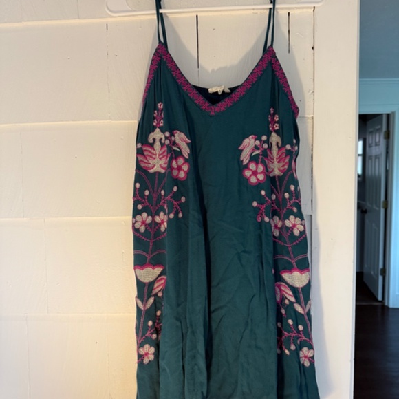 Entro Slip Dress Womens Teal Blue Boho Embroidered V Neck Flowy Boho Sz Med - Picture 5 of 13